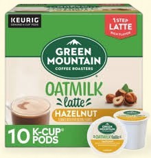 Treatspree Green Mountain Coffee Roasters Hazelnut Oatmilk Latte K-Cup Coffee Pods, medium roast, 10 count. Features a rich hazelnut flavor and creamy oatmilk.