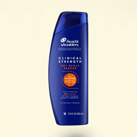 Treatspree Head and Shoulders Clinical Strength Dry Scalp Rescue Dandruff Shampoo, 13.5 fl oz bottles. Maximum protection formula.