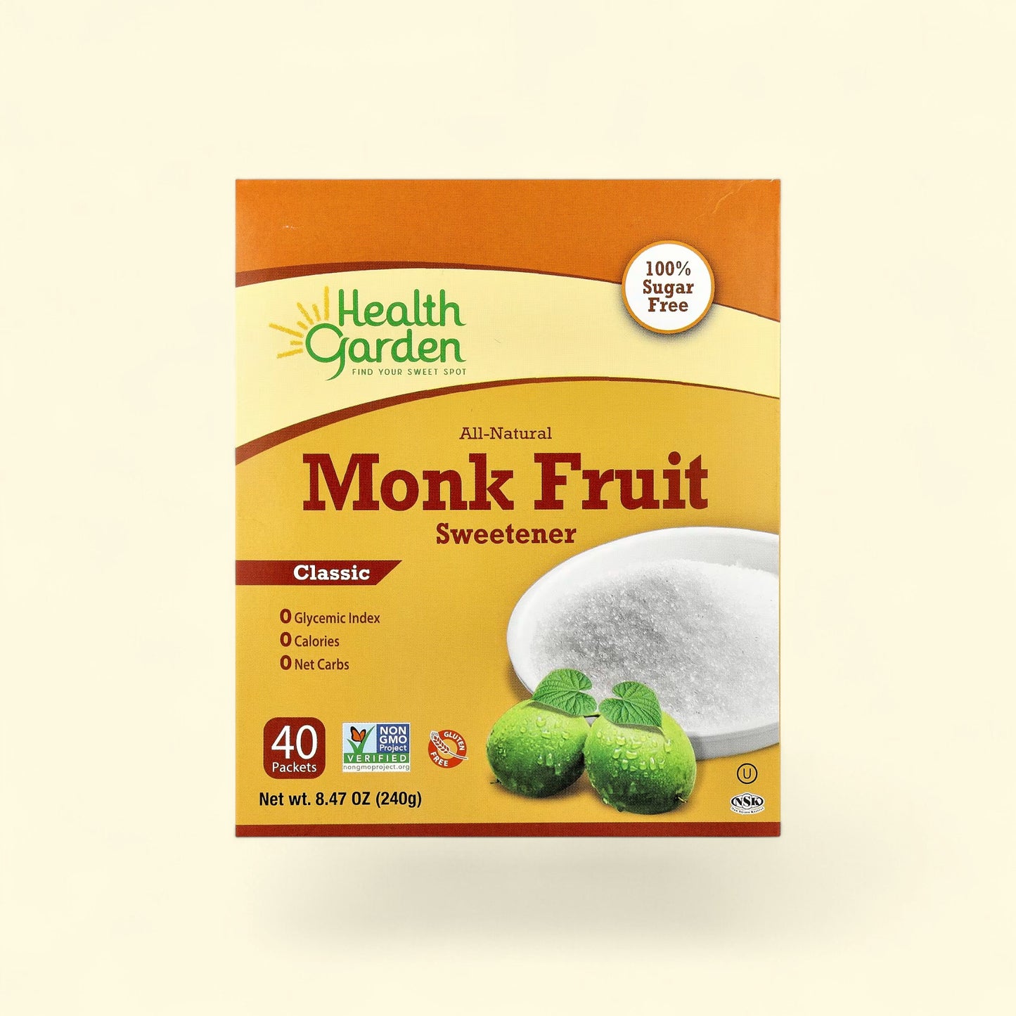 Treatspree Health Garden Classic Monk Fruit Sweetener, 40 packets, 0 glycemic index, 0 calories, 0 net carbs, sugar-free.