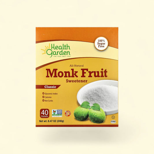 Treatspree Health Garden Classic Monk Fruit Sweetener, 40 packets, 0 glycemic index, 0 calories, 0 net carbs, sugar-free.