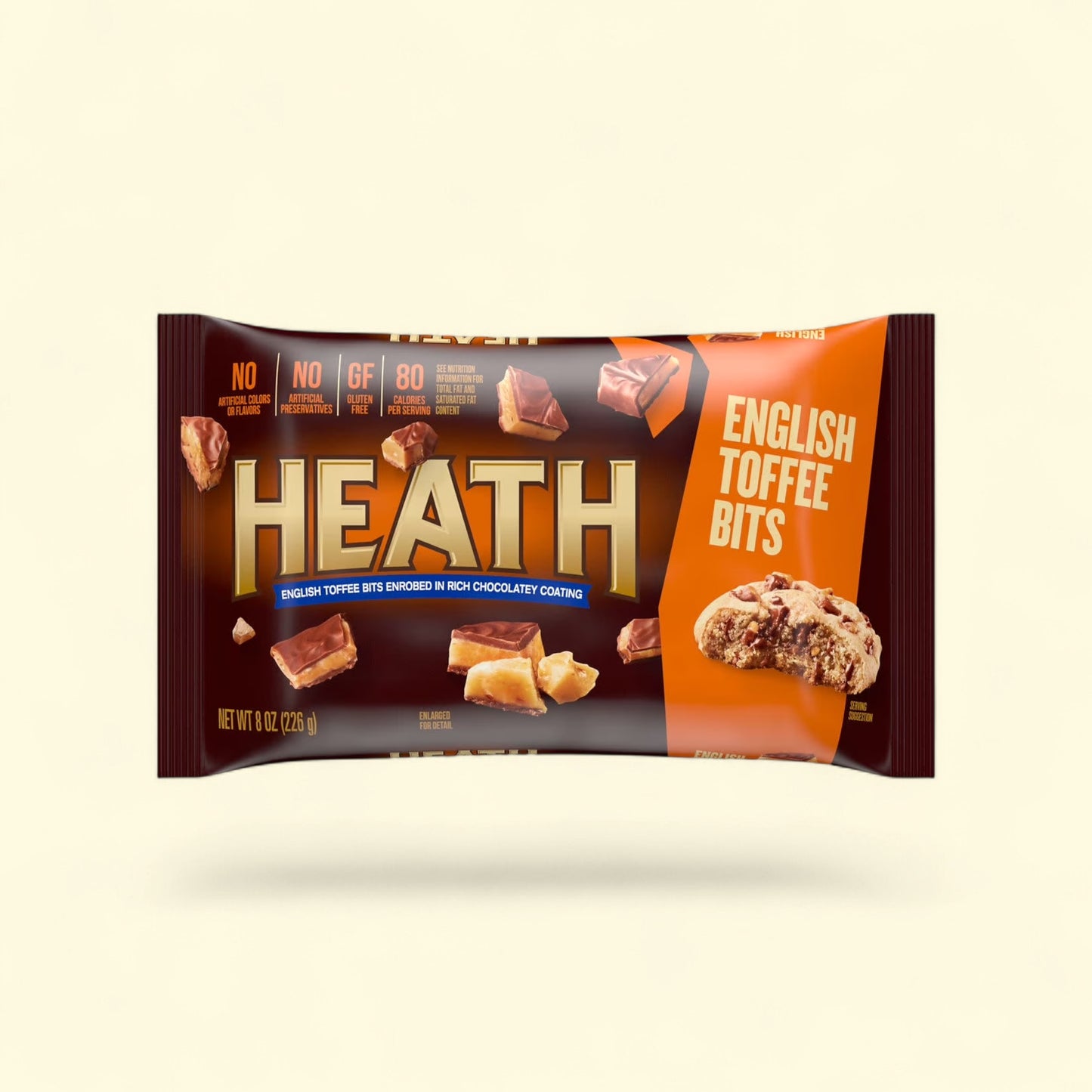 Treatspree Heath Chocolatey English Toffee Baking Bits, gluten-free, 8 oz bag with toffee pieces and a cookie.