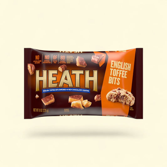 Treatspree Heath Chocolatey English Toffee Baking Bits, gluten-free, 8 oz bag with toffee pieces and a cookie.