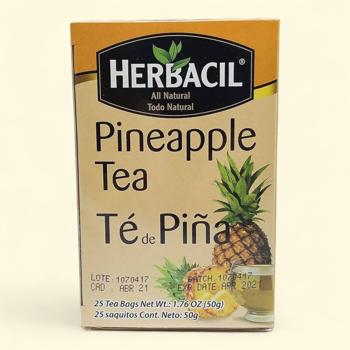 Treatspree Herbacil Pineapple Tea box with 25 tea bags. Features a whole pineapple and a glass of tea.