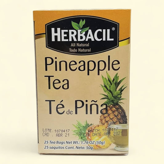 Treatspree Herbacil Pineapple Tea box with 25 tea bags. Features a whole pineapple and a glass of tea.