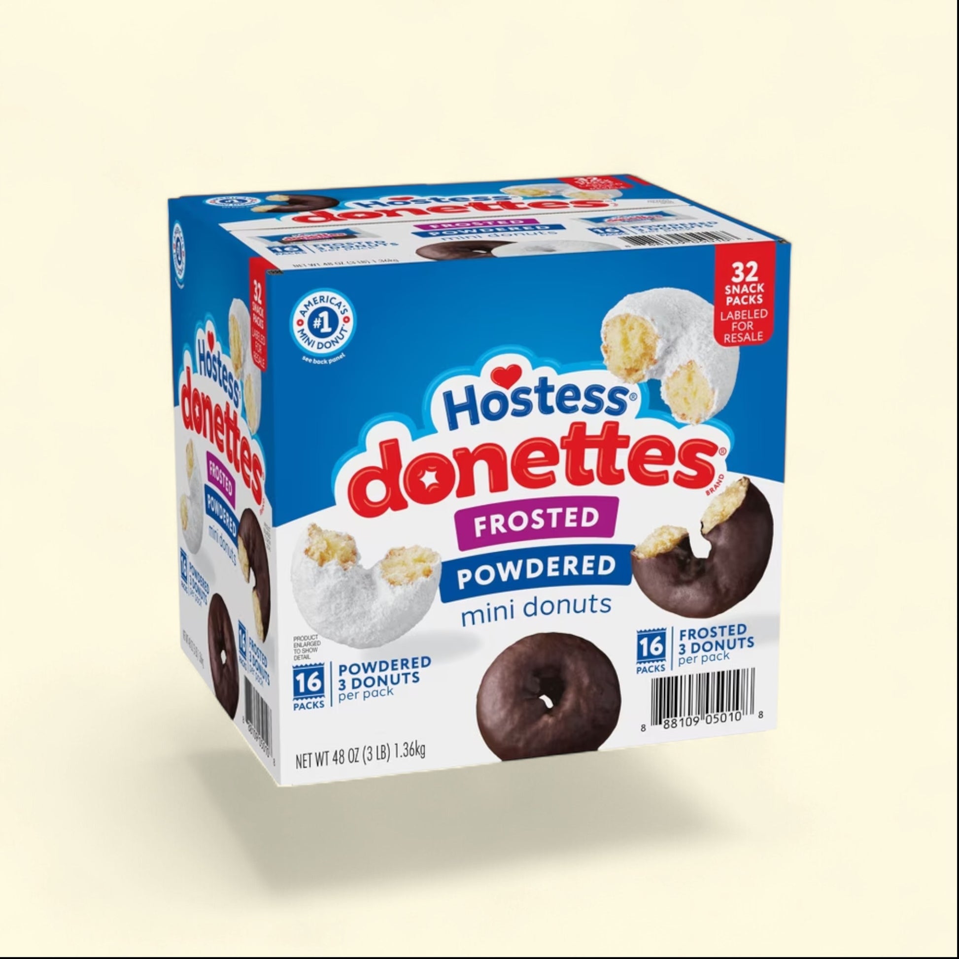 Treatspree Hostess Donettes Variety Pack: 16 chocolate frosted and 16 powdered mini donuts, 32 snack packs total.