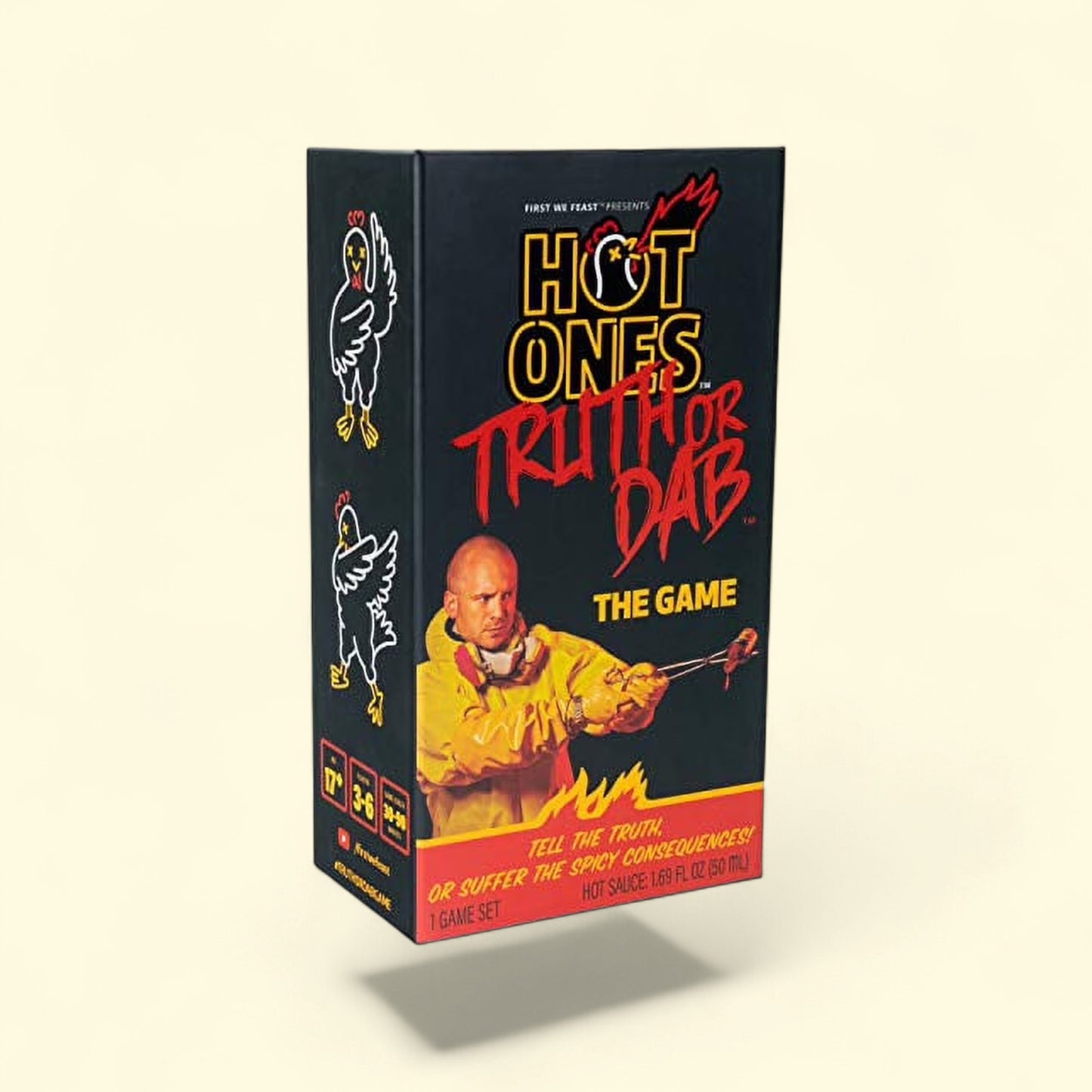 Treatspree Hot Ones Truth or Dab Game box with hot sauce included, ages 17+, 1-6 players.