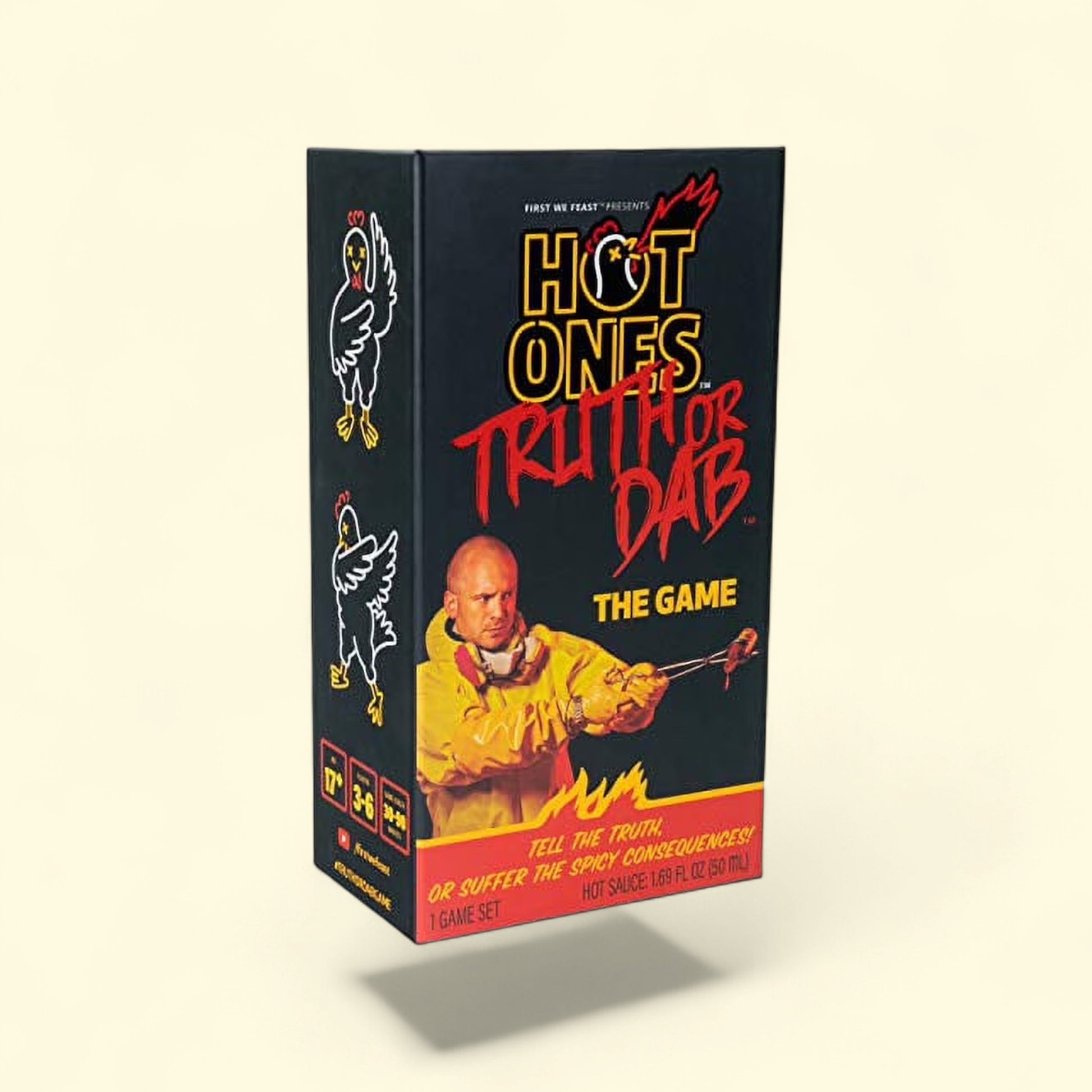 Treatspree Hot Ones Truth or Dab Game box with hot sauce included, ages 17+, 1-6 players.