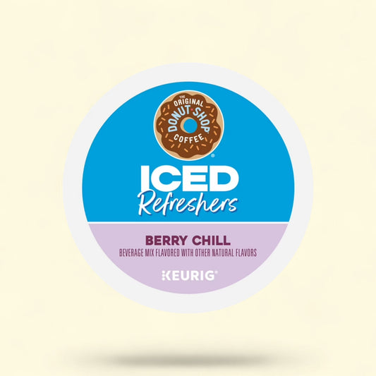 Treatspree The Original Donut Shop Berry Chill Iced Refreshers K-Cup Pods, 10 count. Beverage mix with natural raspberry and blueberry flavors.