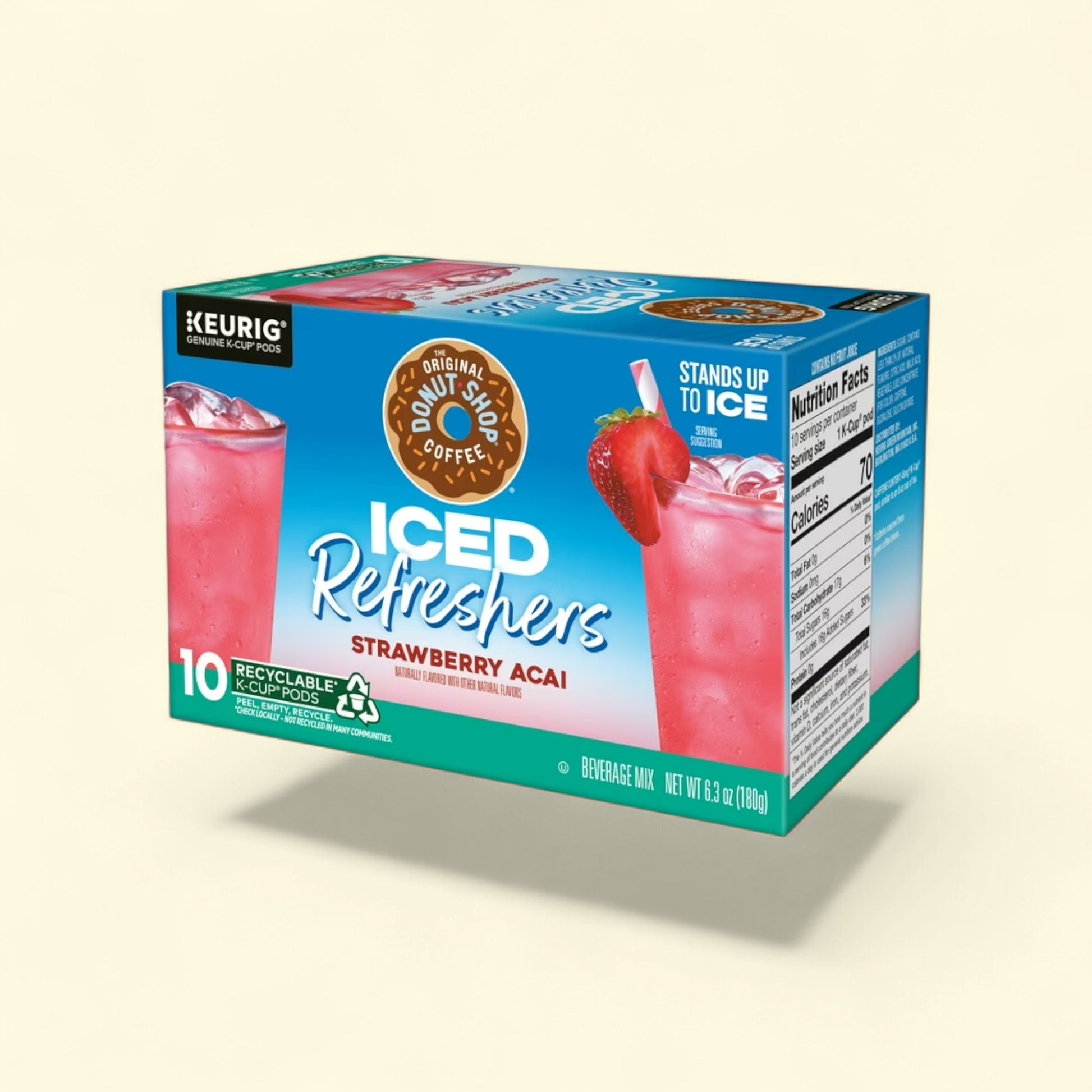 Treatspree The Original Donut Shop Iced Refreshers Strawberry Açaí K-Cup Pods, 10 count, naturally flavored beverage mix.