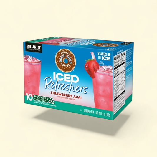 Treatspree The Original Donut Shop Iced Refreshers Strawberry Açaí K-Cup Pods, 10 count, naturally flavored beverage mix.
