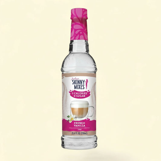 Treatspree Jordan's Skinny Mixes French Vanilla coffee syrup, 0 calories, 0 sugar, 12.7 fl oz bottle with a glass of coffee.