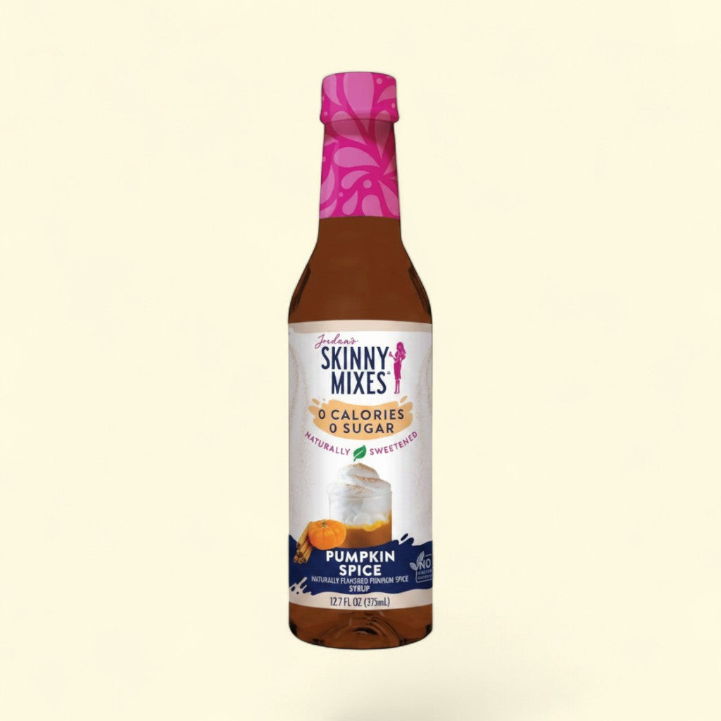 Treatspree Jordan's Skinny Mixes Pumpkin Spice Syrup, 0 calories, 0 sugar, naturally sweetened, 12.7oz bottle with pumpkin and cinnamon sticks.
