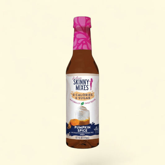 Treatspree Jordan's Skinny Mixes Pumpkin Spice Syrup, 0 calories, 0 sugar, naturally sweetened, 12.7oz bottle with pumpkin and cinnamon sticks.