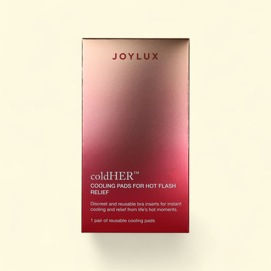 Treatspree Joylux coldHER cooling pads for hot flash relief. Discreet, reusable bra inserts for instant cooling comfort.
