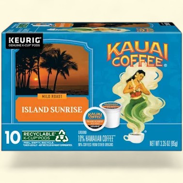 Treatspree Kauai Island Sunrise Mild Roast K-Cup Coffee Pods, 10 count, featuring Hawaiian imagery and a hula dancer.