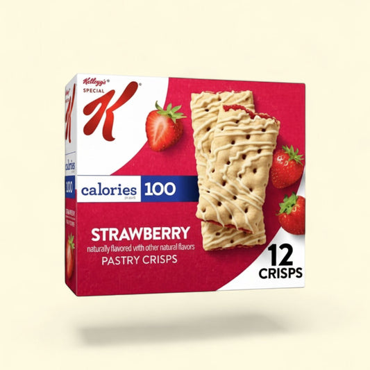 Treatspree Kellogg's Special K Strawberry Pastry Crisps, 12 count box with individual bar shown. Light pastry with white icing drizzle and strawberry filling.
