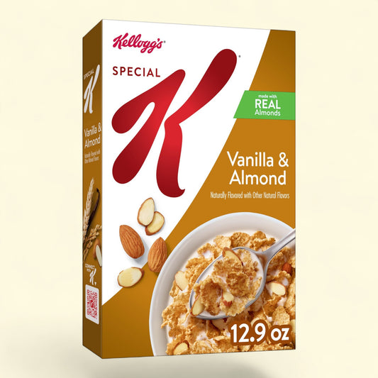 Kellogg's Special K Vanilla and Almond Cereal box with a bowl of cereal and a spoon.