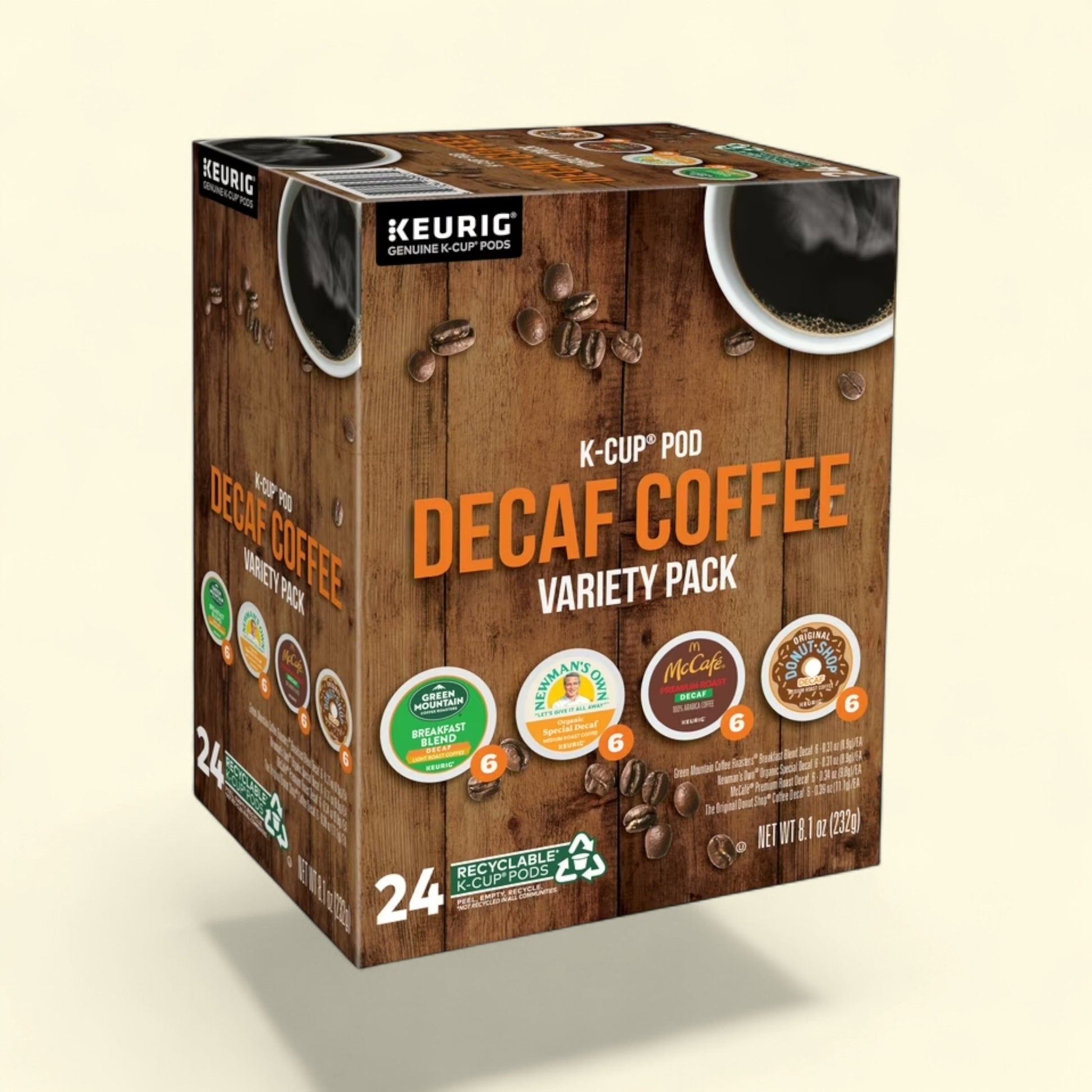 Treatspree Keurig Decaf Coffee Variety Pack K-Cup Pods, 24 count box with Green Mountain, McCafe, Newman's Own, and Donut Shop decaf blends.