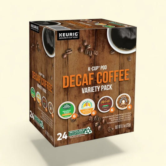 Treatspree Keurig Decaf Coffee Variety Pack K-Cup Pods, 24 count box with Green Mountain, McCafe, Newman's Own, and Donut Shop decaf blends.
