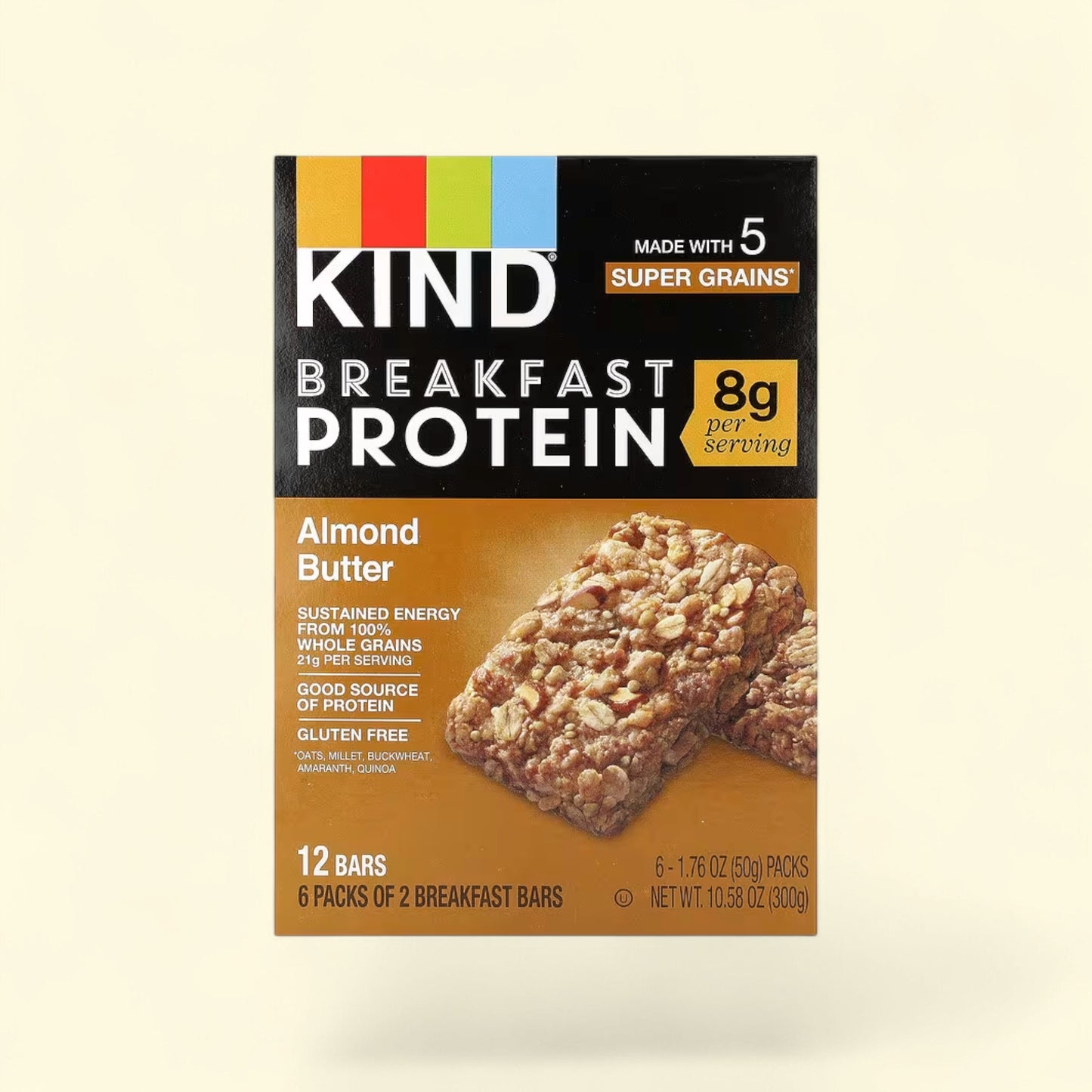 Treatspree KIND Almond Butter Breakfast Protein Bars, gluten-free, made with 5 super grains and 8g protein per serving.