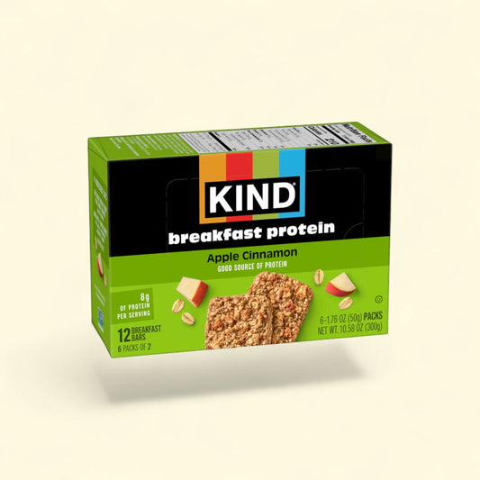 Treatspree KIND Apple Cinnamon Breakfast Protein Bars, made with 5 super grains, 8g protein per serving, 12 bars in 6 packs.