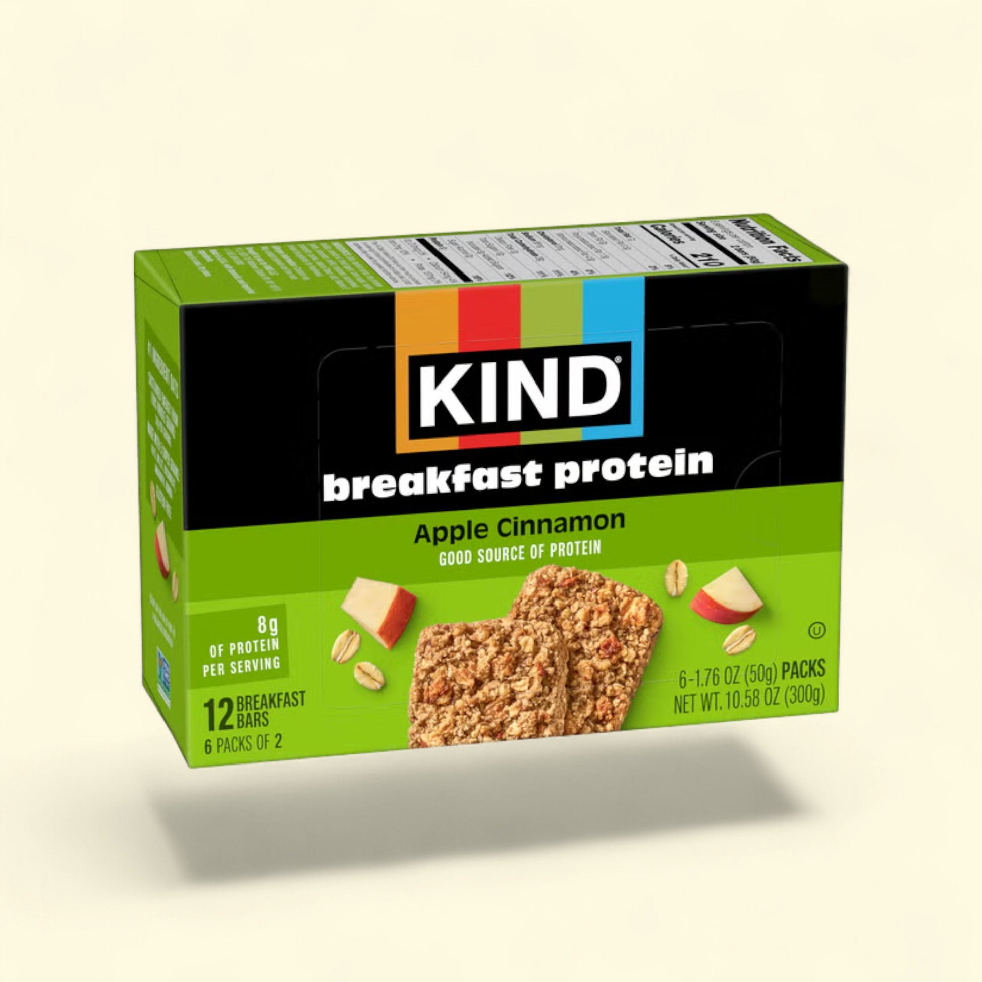 Treatspree KIND Breakfast Apple Cinnamon Protein Bars, 12 bars with 8g protein per serving, made with whole grains, apple, and cinnamon.