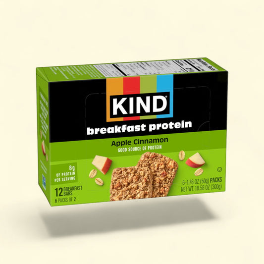 Treatspree KIND Breakfast Apple Cinnamon Protein Bars, 12 bars with 8g protein per serving, made with whole grains, apple, and cinnamon.