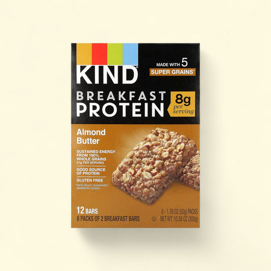 Treatspree Kind Breakfast Protein Almond Butter Bars, made with 5 super grains, 8g protein per serving, gluten-free, 12 bars.