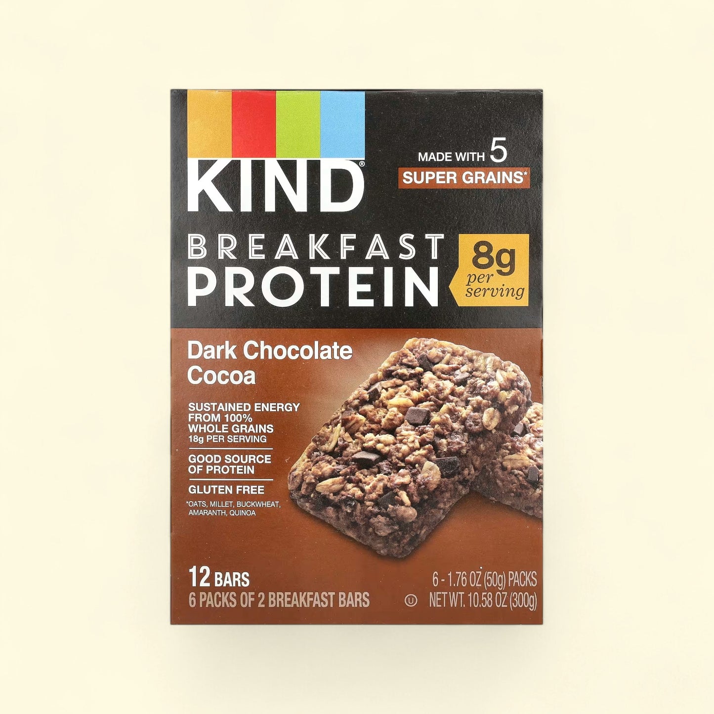 Treatspree Kind Breakfast Dark Chocolate Protein Bars, gluten-free, 8g protein, 18g whole grains per serving.