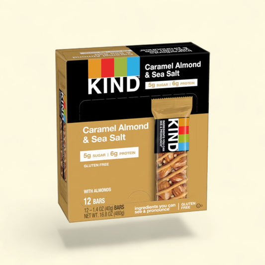 Treatspree KIND Caramel Almond & Sea Salt gluten-free snack bars, 12 count. Features almonds, caramel, and sea salt.
