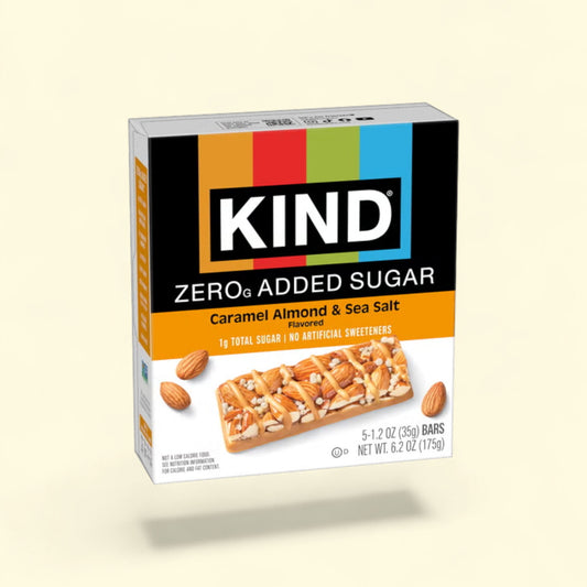 Treatspree KIND Caramel Almond & Sea Salt bars, zero added sugar, keto-friendly snack with almonds and caramel drizzle.