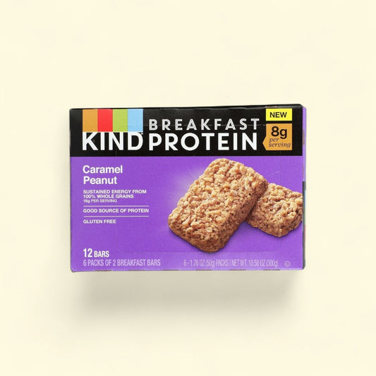 Treatspree KIND Caramel Peanut Breakfast Protein Bars, 12 bars, 6 packs of 2. Gluten-free with 8g protein per serving.