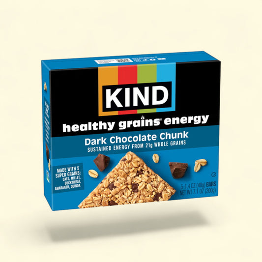 Treatspree KIND Dark Chocolate Chunk energy bars with 21g whole grains, made with 5 super grains, gluten-free, Non-GMO.