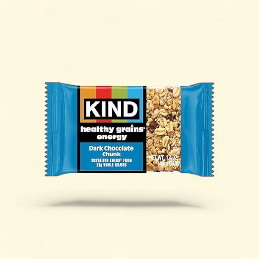 Treatspree KIND Healthy Grains Energy Dark Chocolate Chunk Protein Bar with 21g whole grains and dark chocolate chunks.