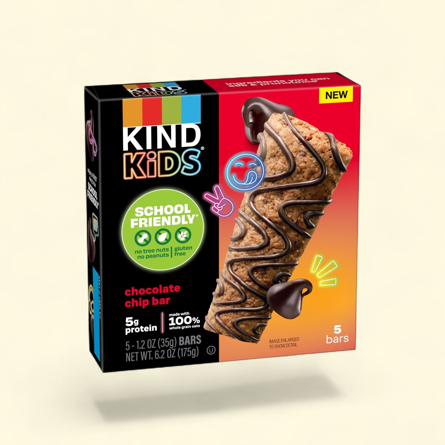 Treatspree KIND Kids Chocolate Chip Snack Bar, soft-baked with chocolate drizzle, 5g protein, gluten-free, no nuts.
