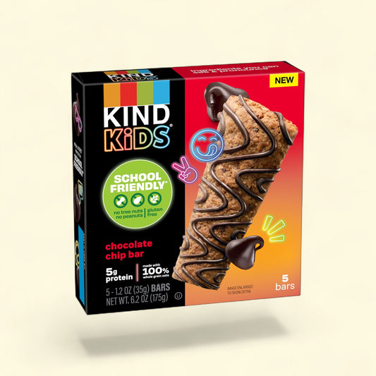 Treatspree KIND Kids Chocolate Chip Snack Bar, soft-baked with chocolate drizzle, 5g protein, gluten-free, no nuts.