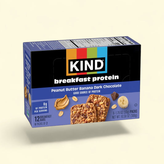 Treatspree KIND Peanut Butter Banana Dark Chocolate Breakfast Protein Bars, 12 count box with 8g protein per serving.