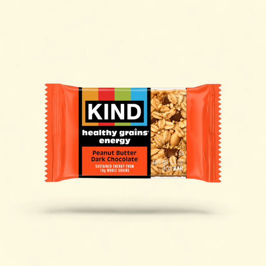 Treatspree KIND Healthy Grains Energy bar, Peanut Butter Dark Chocolate flavor, with whole grains, peanuts, and dark chocolate chunks.
