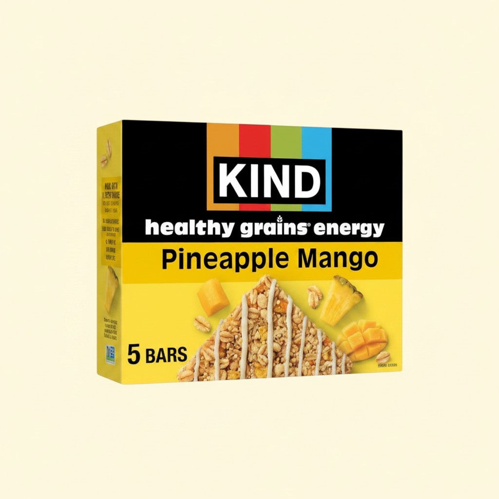 Treatspree KIND Energy Pineapple Mango Protein Bars, 5ct box with one bar shown. Tropical fruit flavor.