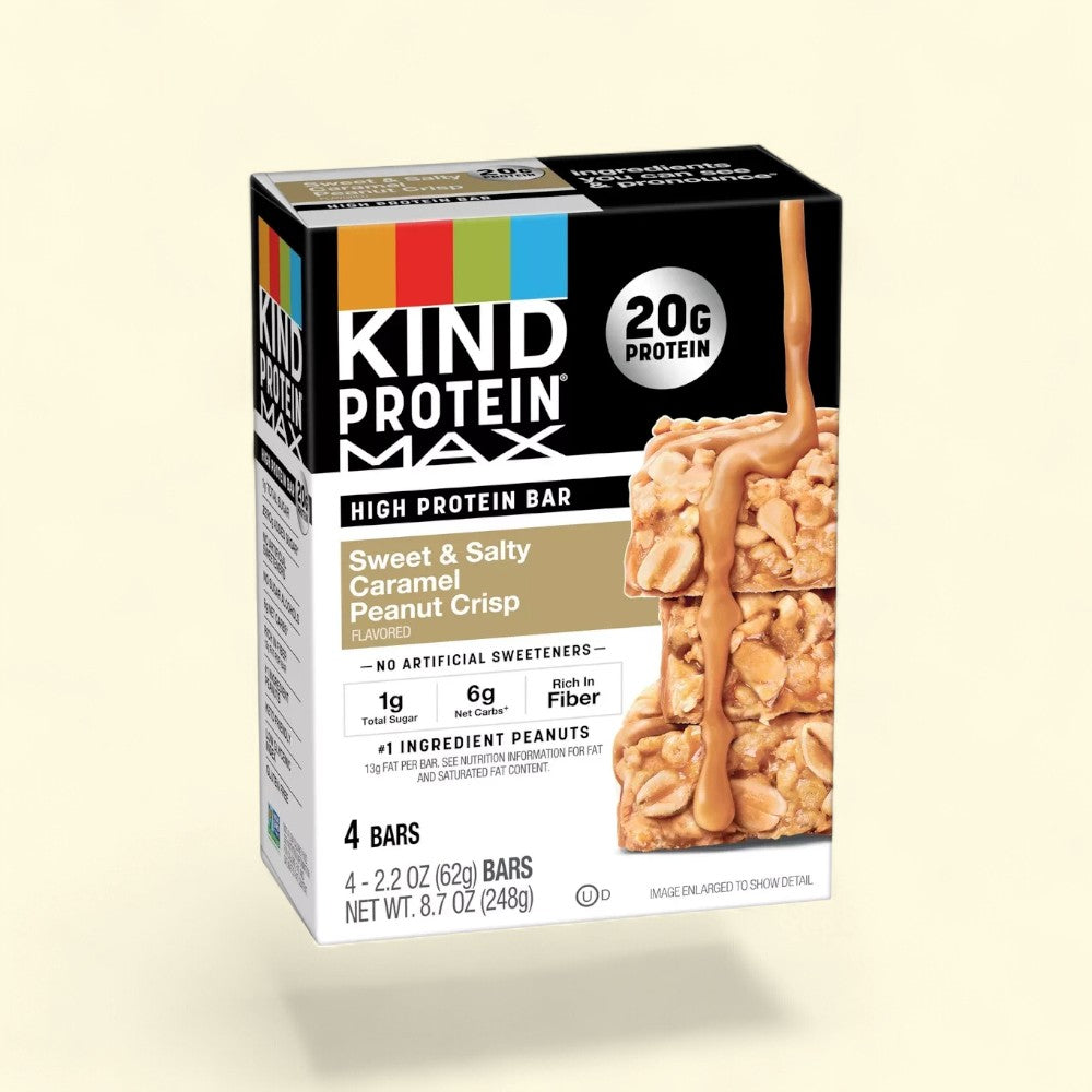 Treatspree KIND Protein Max Sweet & Salty Caramel Peanut Crisp bars, 20g protein, 1g total sugar, gluten-free, 4 bars.