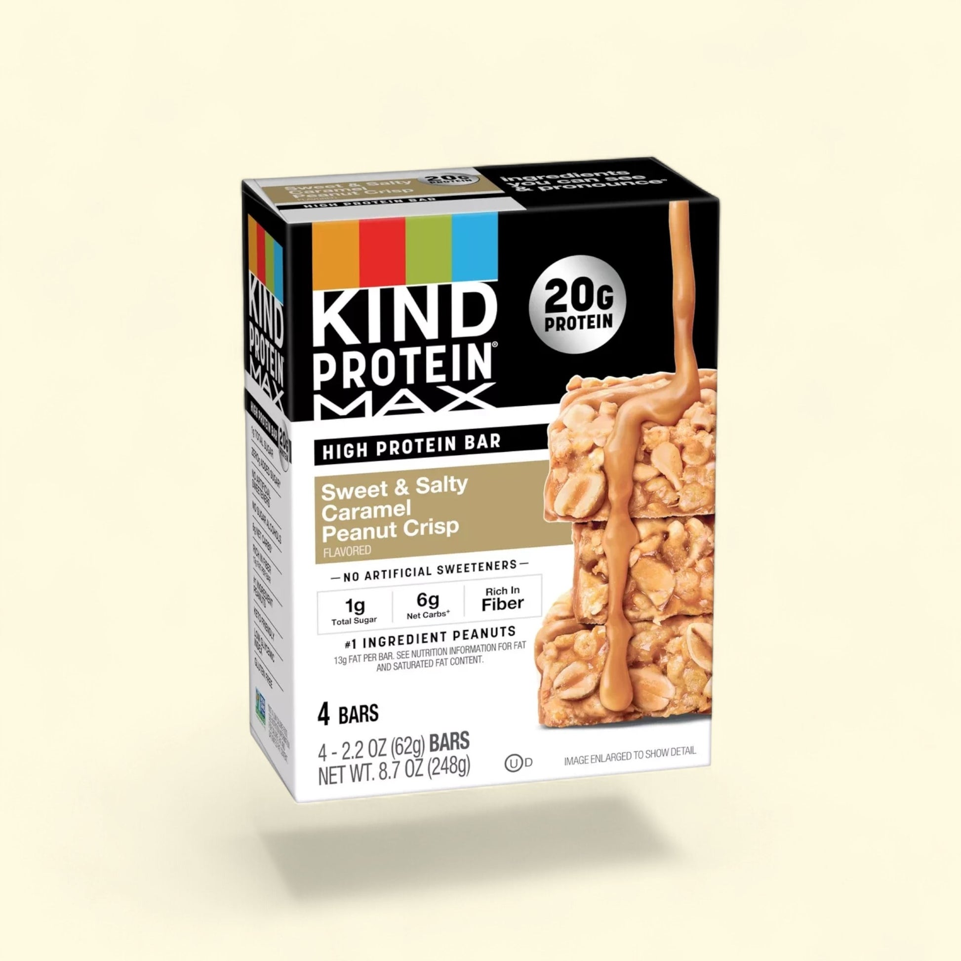 Treatspree KIND Protein Max Crisp bars, Sweet & Salty Caramel Peanut Crisp flavor, 20g protein, 1g total sugar, 4 bars.