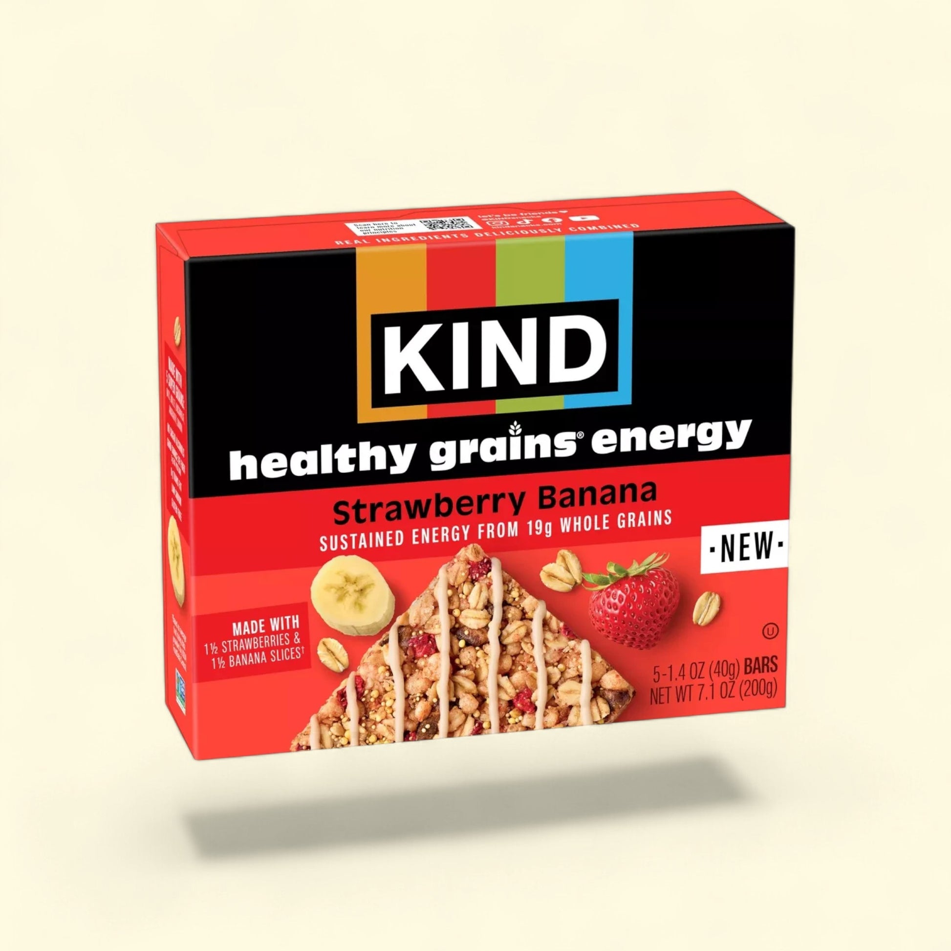 Treatspree KIND Healthy Grains Energy Strawberry Banana protein bar with whole grains, strawberries, and bananas.