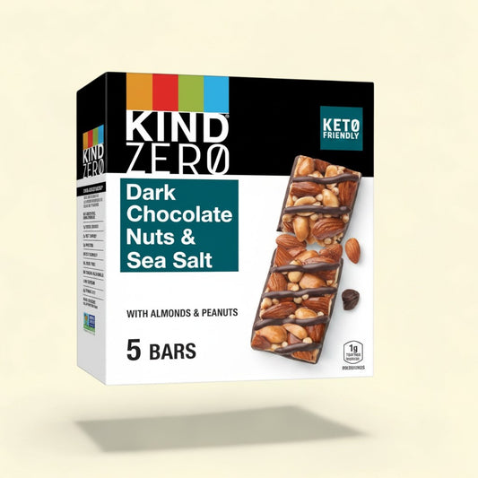 Treatspree KIND Zero Dark Chocolate Nuts & Sea Salt bars with almonds, peanuts, and sea salt, drizzled with dark chocolate.