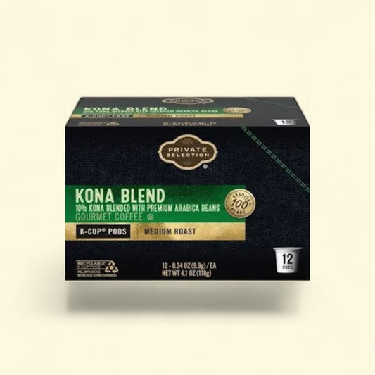 Treatspree Private Selection Kona Blend medium roast K-Cup pods, 12 count, 100% Arabica beans, gourmet coffee.