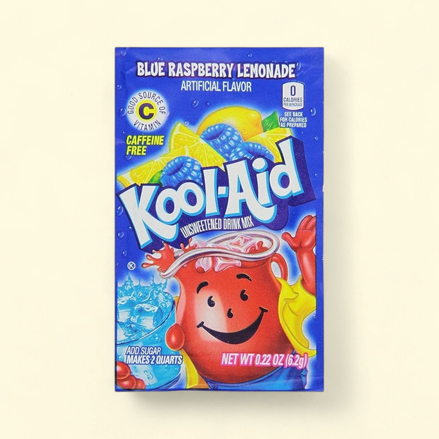 Treatspree Kool-Aid Zero Sugar Blue Raspberry Lemonade drink mix packet. Unsweetened powder with Vitamin C, caffeine-free.