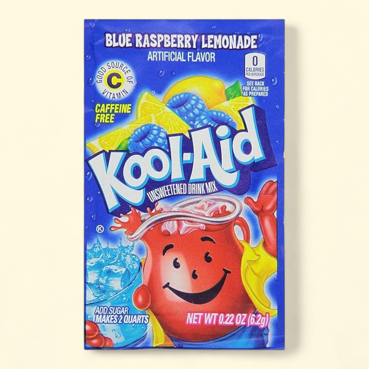 Treatspree Kool-Aid Blue Raspberry Lemonade unsweetened drink mix packet with Vitamin C, caffeine-free.