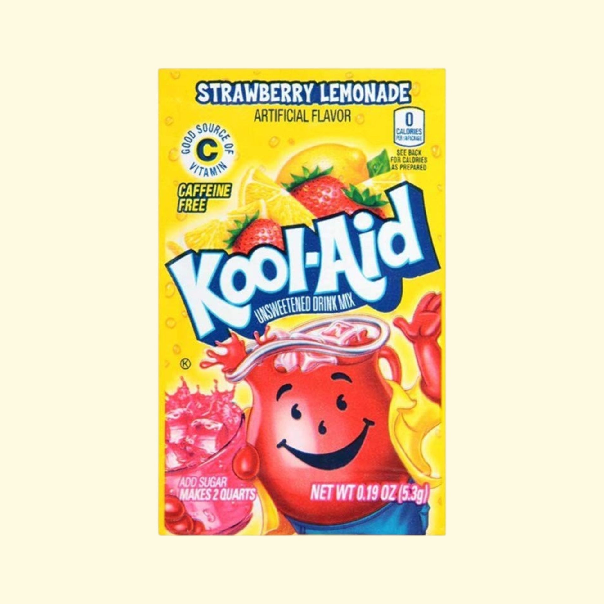 Treatspree Kool-Aid Zero Sugar Strawberry Lemonade drink mix packet. Caffeine-free, good source of Vitamin C.