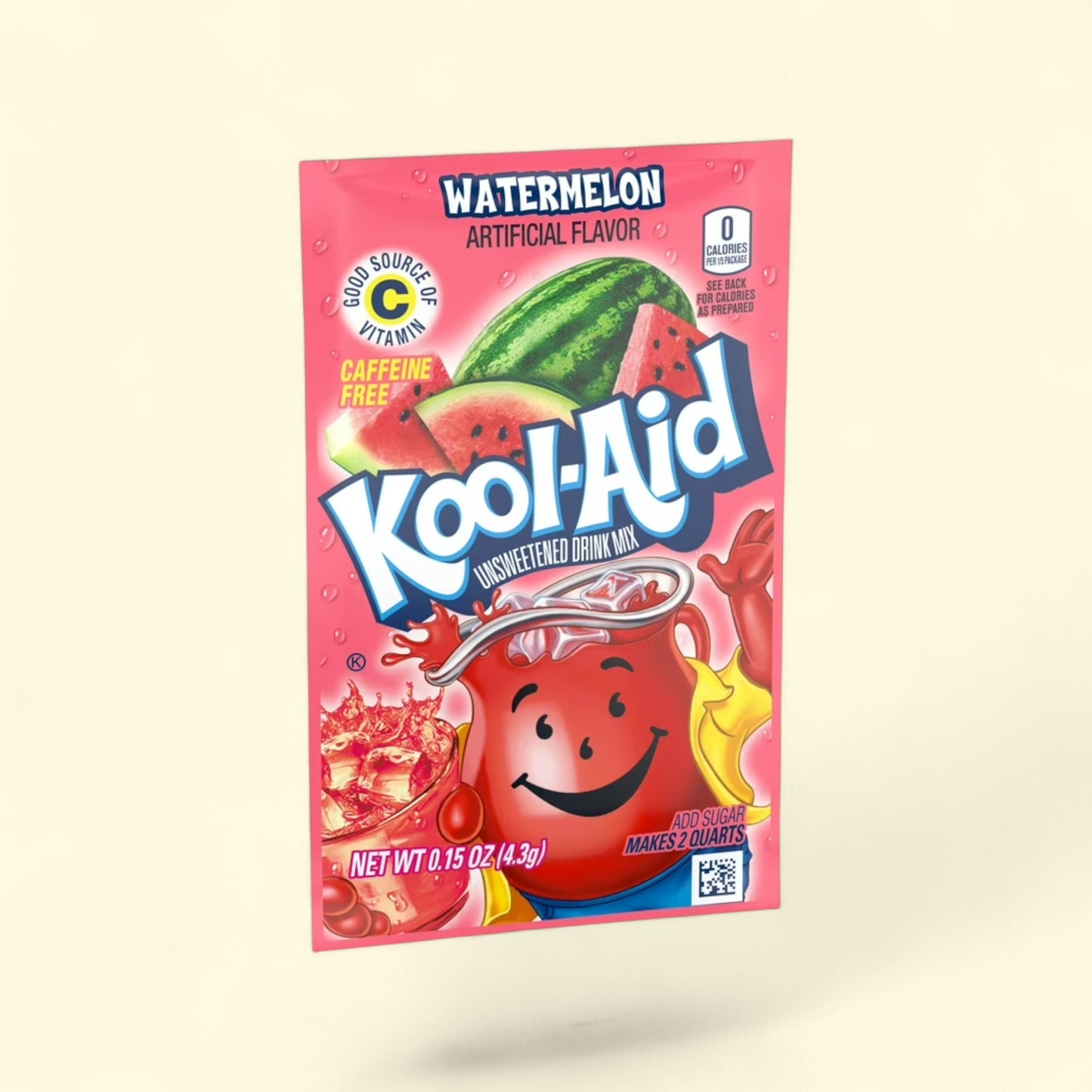 Treatspree Kool-Aid Watermelon Artificial Flavor Unsweetened Drink Mix packet. Caffeine-free, good source of Vitamin C.