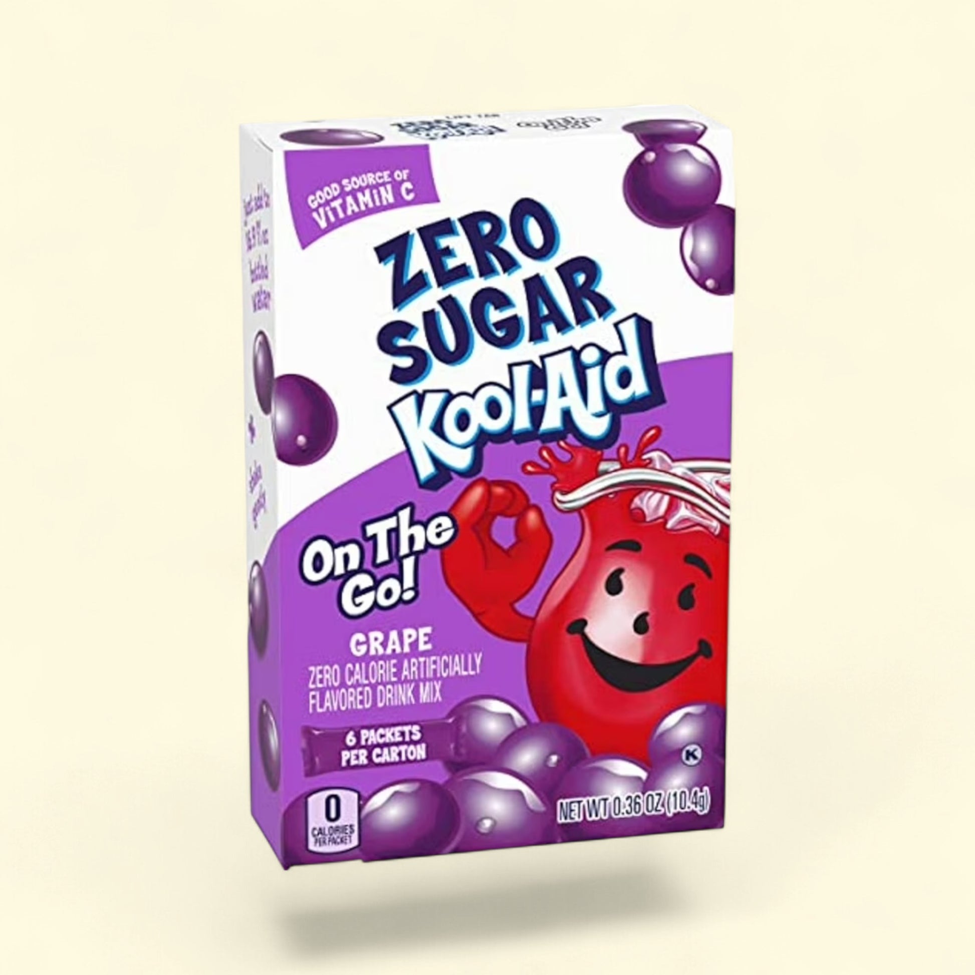 Treatspree Kool-Aid Zero Sugar Grape Drink Mix Packets, 6 count box with Kool-Aid Man illustration. Zero calorie, good source of Vitamin C.