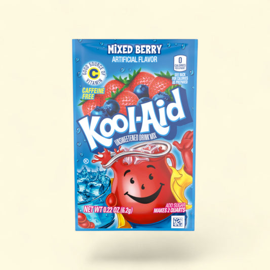 Treatspree Kool-Aid Zero Sugar Mixed Berry drink mix packet with strawberries and blueberries. Caffeine-free, 0 calories.